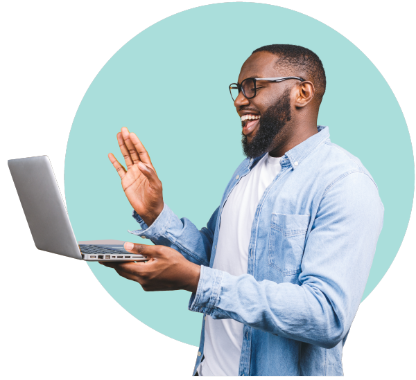 Man Smiling while holding computer blue circle background