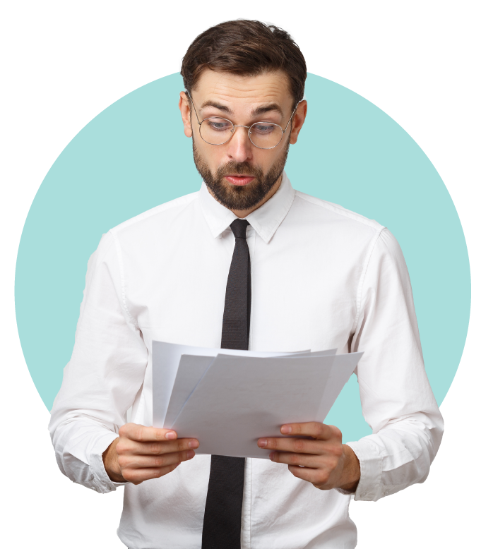 Suprised Man looking at paper with Circle Backrgound